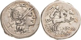 Römische Republik
Spurius Afranius 150 v. Chr Denar Romakopf mit geflügeltem Greifenhelm nach rechts, dahinter Wertzeichen X / Victoria mit Peitsche ...