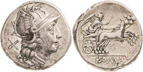 Römische Republik
C. Junius 149 v. Chr Denar. Romakopf nach rechts / Dioskuren ...