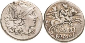 Römische Republik
M. Atilius Serranus 148 v. Chr. Denar Romakopf mit geflügeltem Greifenhelm nach rechts, davor Wertzeichen X / Die Dioskuren mit Lan...