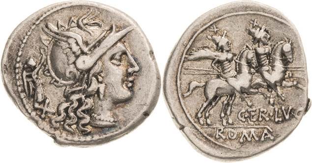 Römische Republik
Terentius Lucanus 147 v. Chr Denar Romakopf mit Flügelhelm na...