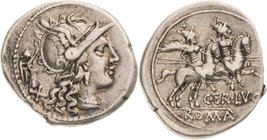 Römische Republik
Terentius Lucanus 147 v. Chr Denar Romakopf mit Flügelhelm nach rechts, dahinter Victoriola auf Wertzeichen X / Dioskuren nach rech...