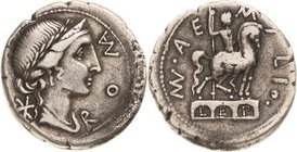 Römische Republik
Mn. Aemilius Lepidus 114-113 v. Chr Denar Weiblicher Kopf mit Lorbeerkranz und Diadem nach rechts, dahinter Wertzeichen X, ROMA / R...