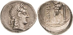 Römische Republik
L. Marcius Censorinus 82 v. Chr Denar Apollokopf mit Lorbeerkranz nach rechts / Standbild des Silens Marsyas auf dem Forum mit eine...