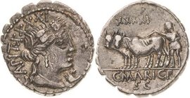 Römische Republik
C. Marius Capito 81 v. Chr Denar (Serratus) Brustbild der Ceres nach rechts, CAPIT CVI / Pflüger mit Jochochsen nach links, unten C...