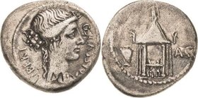 Römische Republik
Q. Cassius Longinus 55 v. Chr Denar Brustbild der Libertas nach rechts / Rundtempel der Vesta auf dem Forum Romanum mit Sella curul...