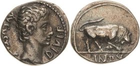 Kaiserzeit
Augustus 27 v. Chr.-14 n. Chr Denar 15 v. Chr., Lugdunum Kopf nach rechts, AVGVSTVS DIVI F / Stier nach rechts, IMP X RIC 167 C. 137 Kampm...