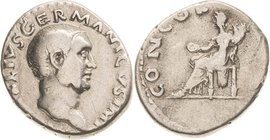 Kaiserzeit
Vitellius 69 Denar 69, Rom Kopf nach rechts, A VITELLIVS GERMANICVS IMP / Concordia sitzt nach links, CONCORDIA RIC 66 C 21 Kampmann 19.20...