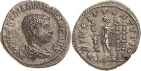 Kaiserzeit
Diadumenian 217-218 Denar 217/218, Rom Brustbild nach rechts, M OPEL ANT DIADVMENIAN CAES / Kaiser steht zwischen drei Standarten nach rec...