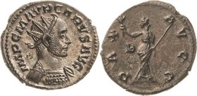 Kaiserzeit
Carus 282-283 Antoninian 282/283, Rom Brustbild mit Strahlenkrone nach rechts, IMP C MAVR CARVS AVG / Pax steht nach links, PAX AVGG RIC 1...