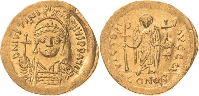 Justinianus I. 527-565 Solidus 538/542, Constantinopel Brustbild mit Helm und Kr...