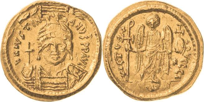 Justinianus I. 527-565 Solidus 542/552, Constantinopel Brustbild von vorn mit He...