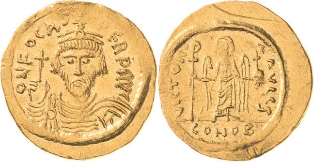 Phocas 602-610 Solidus 607/609, Constantinopel Brustbild mit Kreuzkrone, Spitzba...