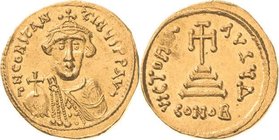 Constans II. 641-668 Solidus 642/646, Constantinopel Brustbild mit Kreuz-Diadem und Kreuzglobus von vorn, DN CONSTANTINVS PP AVG / Stufenkreuz, VICTOR...