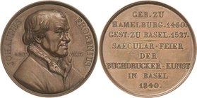 Buchdruck
 Bronzemedaille 1840 (Bovy) Auf Johannes Frobenius. und 400 Jahre Buchdruckerkunst. Brustbild halb rechts / 8 Zeilen Schrift. 41 mm, 31,49 ...