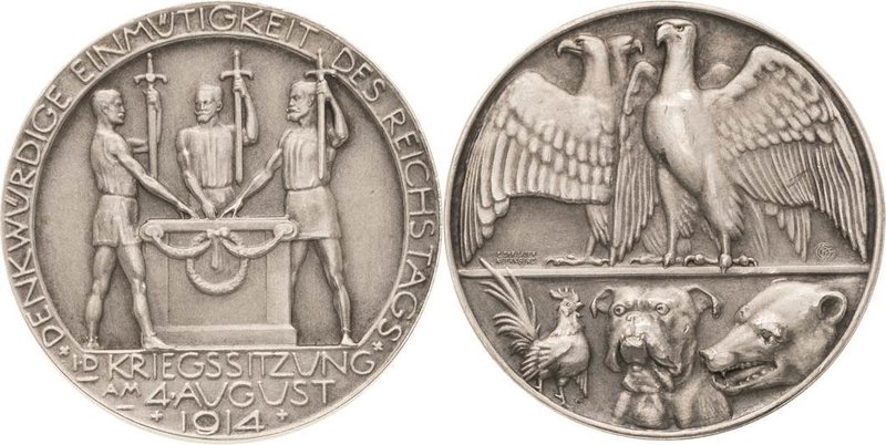 Erster Weltkrieg
 Silbermedaille 1914 (Lauer) Kriegssitzung im Reichstag. Drei ...