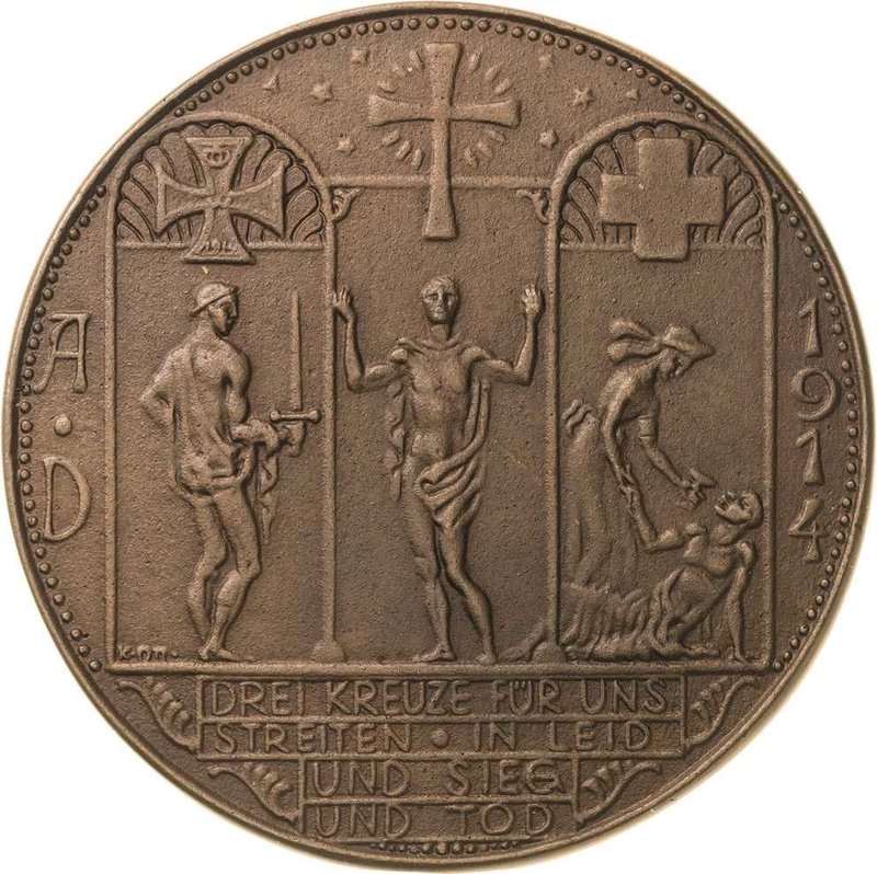 Erster Weltkrieg
 Einseitige Bronzegußmedaille 1914 (Karl Ott) Drei Kreuze - fü...