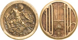 Erster Weltkrieg
 Vergoldete Bronzegußmedaille 1914 (Richard Adolf Zutt) Ausbruch des 1. Weltkrieges. Herkules mit der Hydra / Stehendes Schwert über...