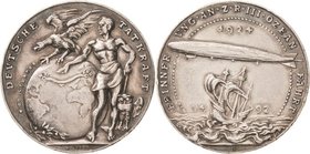 Luft- und Raumfahrt
 Silbermedaille 1924 (Karl Goetz) Auf die Ozeanfahrt des "ZR 126". Mann mit Lendenschürze neben Adler auf Weltkugel, rechts Eule ...