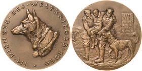 Medailleur Goetz, Karl 1875 - 1950
 Bronzegussmedaille 1914. Auf die erstmalige Verwendung von Sanitätshunden. Kopf eines Schäferhundes / Hund beglei...