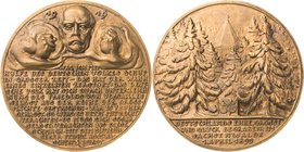 Medailleur Goetz, Karl 1875 - 1950
 Bronzegussmedaille 1919. Bismarckmausoleum. Kopf von Bismarck über Schrift / Kirchturmspitze im Wald. 117 mm, 324...