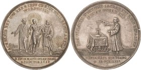 Reformation-Ereignisse und Jubiläen
 Silbermedaille 1717. 200 Jahre Reformation in Sachsen. Christus zwischen Luther links und Melanchthon rechts übe...