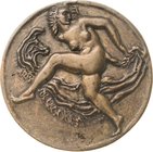 Eberle, Ludwig 1883-1956 Einseitige Bronzegussmedaille o.J. Tanzender weiblicher Akt mit Tuch. 88 mm, 212,70 g. Mit Aufhängevorrichtung Vorzüglich-