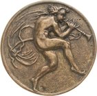 Eberle, Ludwig 1883-1956 Einseitige Bronzegussmedaille o.J. Tanzender männlicher Akt mit Flöte. 89 mm, 233,47 g. Mit Aufhängevorrichtung Vorzüglich-...