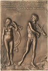 Ohne Signatur Einseitige Bronzegussplakette o.J. (unsigniert) Orpheus und Euridike. Nackte Euridike mit Schleier steht neben nackten, Geige spielenden...