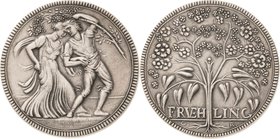 Römer, Georg 1868-1922 Silbermedaille o.J. (vor 1905) Frühling. Auf einer Wiese tanzendes Paar / Stilisiertes Blütengewächs mit herzförmigem Blattwerk...