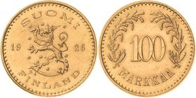 Finnland
Republik seit 1917 100 Markkaa 1926, Helsinki KM 28 Friedberg 8 Schlumberger 19 GOLD. 4.20 g. Vorzüglich-prägefrisch