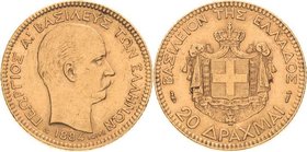 Griechenland
Georg I. 1863-1913 20 Drachmen 1884, A-Paris Divo 47 Schlumberger 9 Friedberg 18 GOLD. 6.43 g. Sehr schön