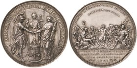 Großbritannien
Wilhelm und Maria 1688-1694 Silbermedaille 1691 (Philipp Heinrich Müller) Fürstenkongreß in Den Haag. Personifikationen von Tapferkeit...