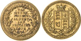 Großbritannien
Victoria 1837-1901 Bronzedose mit 4 kleinen Zinnmedaillen o.J. (1851) (A. Moore) Auf die Königin, Prince Albert und die Britische Hoff...