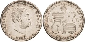 Hawaii
Kalakaua I 1874-1891 1/4 Dollar 1883, San Francsisco KM 5 Prachtvolles Exemplar. Vorzüglich-Stempelglanz