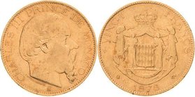 Monaco
Charles III. 1856-1889 20 Francs 1878, A-Paris GOLD. 6.43 g. Fast sehr schön