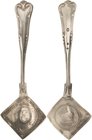 Russland
Katharina II. 1762-1796 Klippenförmige Silbermedaille als Löffel verarbeitet 1783 (unsigniert) Präsenzzeichen der Kaiserlichen Akademie der ...