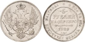 Russland
Nikolaus I. 1825-1855 6 Rubel 1829, SPB-St. Petersburg Auflagenhöhe: Nur 828 Exemplare. Bitkin 55 (R 2) Schlumberger 76 Friedberg 159 PLATIN...