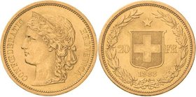 Schweiz-Eidgenossenschaft
 20 Franken 1883, o. Mzz.-Bern HMZ 2-1194 D./T. 292 Friedberg 495 Schlumberger 7 GOLD. 6.46 g. Vorzüglich