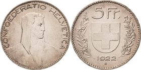 Schweiz-Eidgenossenschaft
 5 Franken 1922, B-Bern HMZ 2-1199 a D./T. 368 Davenport 394 Divo 9 Sehr schön-vorzüglich