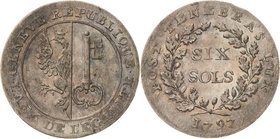 Schweiz-Genf, Stadt
 6 Sols 1797. HMZ 2-346 h D./T. 1036 d Prachtvolles Exemplar mit feiner Patina. Fast prägefrisch