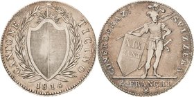 Schweiz-Tessin
 4 Franken (Neutaler) 1814, Stern-Tessin HMZ 2-923 a D./T. 213 b Davenport 367 Mit diesem Mzz. äußerst selten. Sehr schön