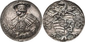Habsburg
Ferdinand I. 1521-1564 Große versilberte Bronzegussmedaille 1539 (H. Reinhart d. Ä.) Brustbild mit rundem Hut, Vlies an Band und Pergamentro...