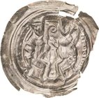 Mainz, Erzbistum
Konrad I. von Wittelsbach, 2. Regierung 1190/1196 Brakteat, Aschaffenburg? Bischof mit mitra bicornis sitzt halb rechts mit Krummsta...