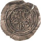 Nordhausen - Reichsmünzstätte
Friedrich I. oder Heinrich VI. 1190-1200 Brakteat. Kaiserpaar sitzt von vorn, dazwischen Perlkreuzstab mit einem Ring i...