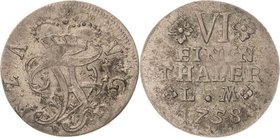 Anhalt-Bernburg
Viktor Friedrich 1721-1765 1/6 Taler 1758, o. Mzz.-Silberhütte Monogramm Mann 630 c, d/c 2 Stück. Sehr schön-vorzüglich