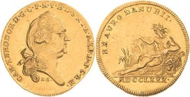 Bayern
Karl Theodor 1777-1799 Dukat 1780, HS-München Donaugolddukat. Brustbild mit zusammengebundenen Haaren, darunter die Signatur HS (Johann Heinri...