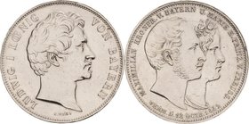 Bayern
Ludwig I. 1825-1848 Doppeltaler 1842, München Vermählung des Kronprinzen Maximilian mit Marie von Preußen. Mit Randschrift: DREY-EINHALB GULDE...