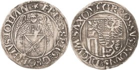 Sachsen-Kurlinie ab 1486 bis 1547 (Ernestiner)
Friedrich III., Georg und Johann 1500-1507 Engelgroschen (Schreckenberger) o.J. Av. 5-strahliger Stern...