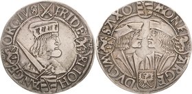 Sachsen-Kurlinie ab 1486 bis 1547 (Ernestiner)
Friedrich III., Johann und Georg 1507-1525 Guldengroschen o.J. o.Mzz.-Annaberg Klappmützentaler Keilit...