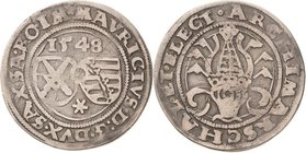 Sachsen-Kurlinie ab 1547 (Albertiner)
Moritz 1547-1553 1/4 Taler 1548, Stern-Freiberg Umschrift beginnt nur im Avers mit einem Dreiblatt Keilitz/Kahn...